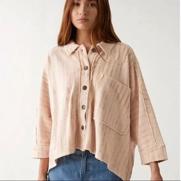 We the Free pink montauk shirt jacket oversized  size xs print tea combo boho - Picture 1 of 9